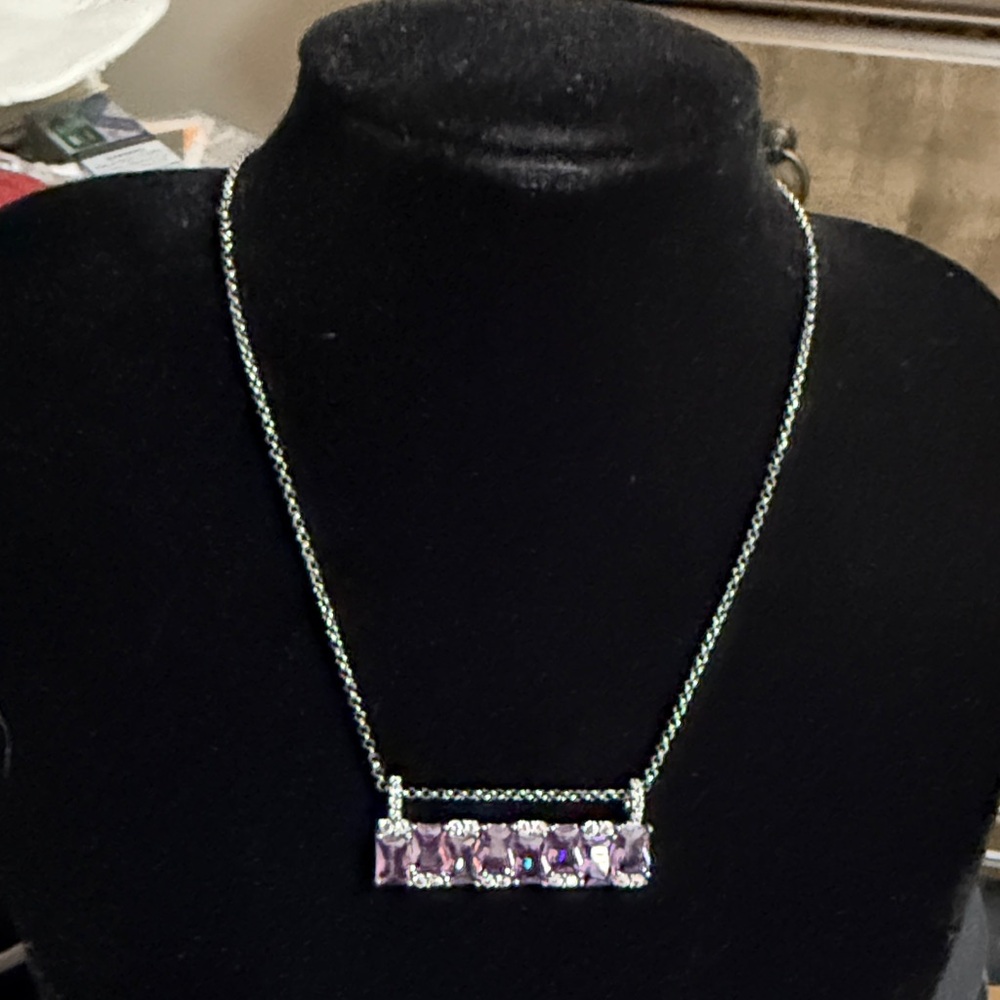Bomb Party Bar Necklace with lavender CZ stones on hematite plating.